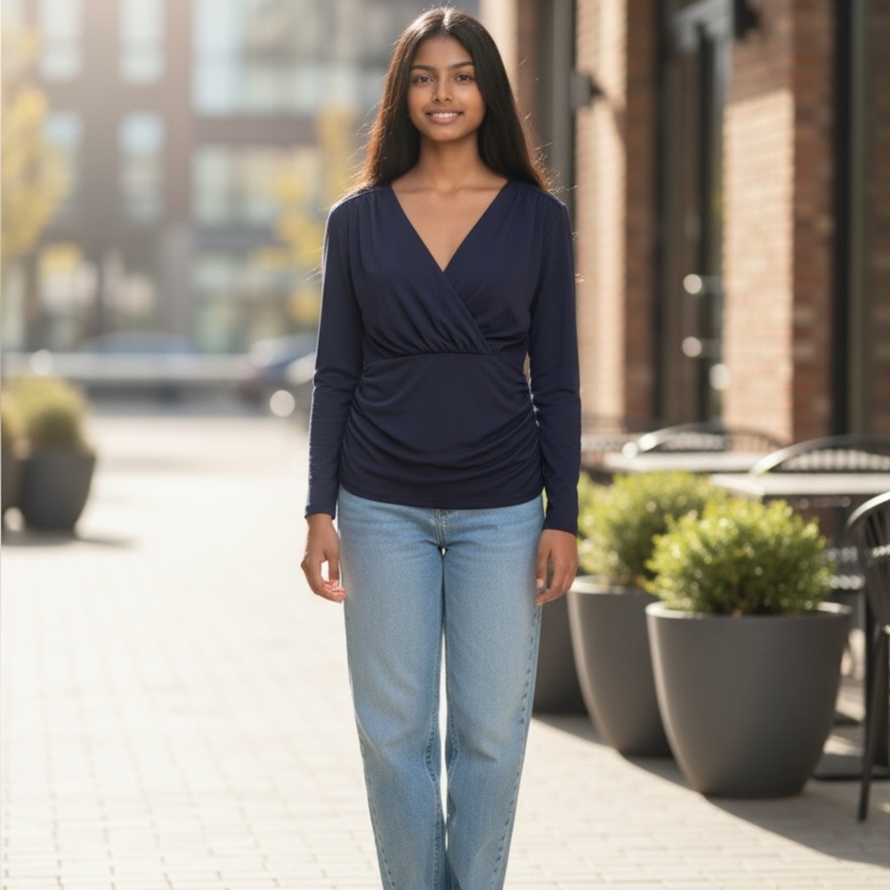 Nwt Grace Karin Deep Blue V-Neck Blouse - Picture 1 of 5